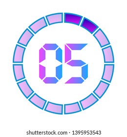 The 05 minutes or seconds, stopwatch vector icon, digital timer. clock and watch, timer.  Modern style in neon color.