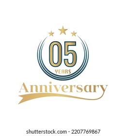 05 Year Anniversary Vector Template Design Illustration. Gold And Blue color design with ribbon