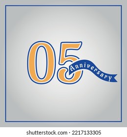 05 Years Anniversary celebration logotype colored with yellow and blue, using blue ribbon and isolated on gray background.