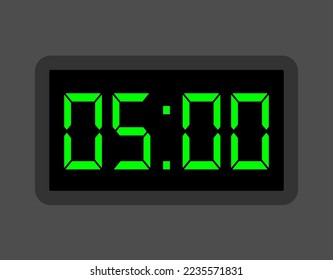 Reloj digital de 05:00 horas. Diseño de reloj de alarma para el horario. Icono de temporizador con números digitales para citas y negocios