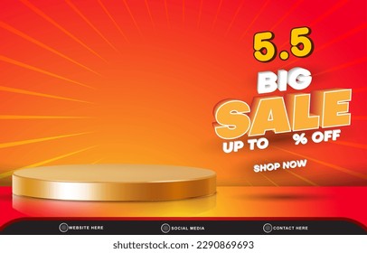 05.05 big sale discount template banner with blank space 3d podium for product sale with abstract gradient red and orange background design