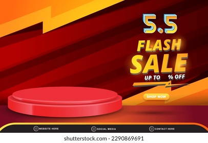05.05 flash sale discount template banner with blank space 3d podium for product sale with abstract gradient red and orange background design