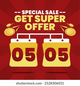 05.05 Special Sale Banner featuring bold calendar icons and flying gold coins on a vibrant red background. A perfect promotional design to grab attention for limited-time offers!