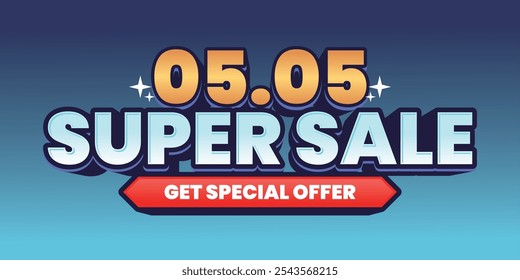 05.05 Super Sale banner with bold 'Get Special Offer' text on a blue gradient background. Perfect for e-commerce promotions with eye-catching colors and modern style.