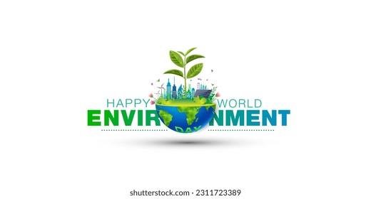 05th June, World Environment day Creative poster design. 3d World with Green Environment and City skyline Vector illustration.