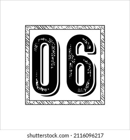 06 Classic Vintage Sport Jersey Uniform numbers in black with a black outside contour line number on white background for American football, Baseball and Basketball or soccer for shirt