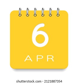 06 day of the month. April. Cute yellow calendar daily icon. Date day week Sunday, Monday, Tuesday, Wednesday, Thursday, Friday, Saturday. Cut paper. White background. Vector illustration.