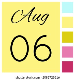 06 día del mes. Agosto. Icono de calendario diario. Fecha día semana domingo, lunes, martes, miércoles, jueves, viernes, sábado.