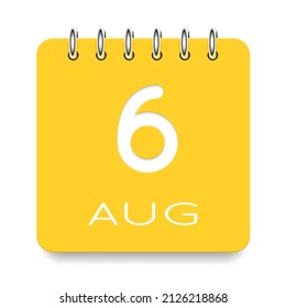 06 day of the month. August. Cute yellow calendar daily icon. Date day week Sunday, Monday, Tuesday, Wednesday, Thursday, Friday, Saturday. Cut paper. White background. Vector illustration.