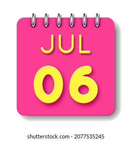 06 día del mes. 6 de julio. Icono de calendario diario. Fecha día semana domingo, lunes, martes, miércoles, jueves, viernes, sábado.