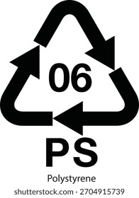 06 PS (poliestireno) Código de identificação de resina ícone plástico reciclagem