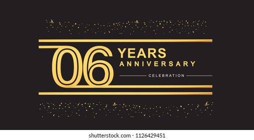 06 years anniversary celebration logotype with golden multiple line and confetti golden color isolated on black background, vector design for greeting card and invitation card
