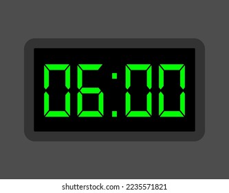 06:00 hours digital clock. Alarm clock design for schedule. Timer icon with digital numbers for appointments and business