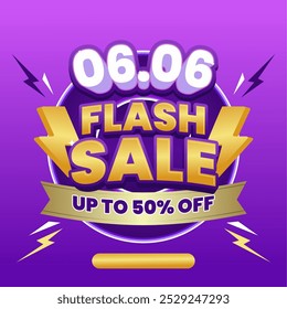 06.06 Flash Sale banner featuring vibrant lightning icons and bold typography on a purple background, offering discount. Perfect for promoting limited-time deals!