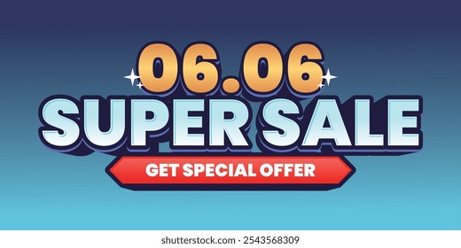 06.06 Super Sale banner with bold 'Get Special Offer' text on a blue gradient background. Perfect for e-commerce promotions with eye-catching colors and modern style.