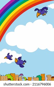 06_Postcard banner with sky clouds and rainbow and crows with humor over the city_space for text