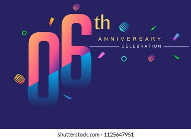 06th anniversary celebration with colorful design, modern style with ribbon and colorful confetti isolated on dark background, for birthday celebration
