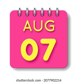 07 day of the month. 07 August. Cute calendar daily icon. Date day week Sunday, Monday, Tuesday, Wednesday, Thursday, Friday, Saturday.