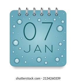 07 day of month. January. Calendar daily icon. Date day week Sunday, Monday, Tuesday, Wednesday, Thursday, Friday, Saturday. Dark Blue text. Cut paper. Water drop dew raindrops. Vector illustration.