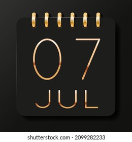 07 day of the month. July. Luxury calendar daily icon. Date day week Sunday, Monday, Tuesday, Wednesday, Thursday, Friday, Saturday. Gold text. Black background. Vector illustration.