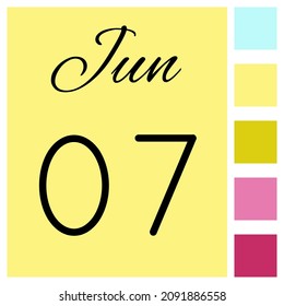 07 día del mes. Junio. Icono de calendario diario. Fecha día semana domingo, lunes, martes, miércoles, jueves, viernes, sábado.