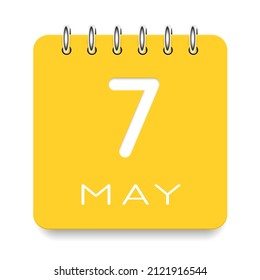 07 día del mes. Mayo. Icono de calendario amarillo lindo diario. Fecha día semana domingo, lunes, martes, miércoles, jueves, viernes, sábado. Corta papel. Fondo blanco. Ilustración vectorial.