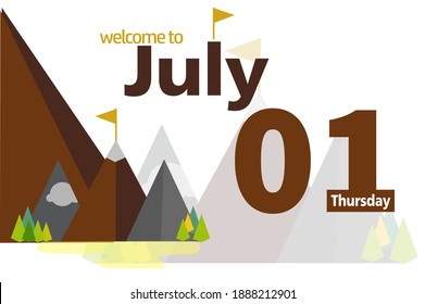 07.	Welcome to July with Vector illustration. Mountains with Brown and Blue Color Based Illustration for July with Calendar Dates. Simple, Awesome, and Creative eps illustration.