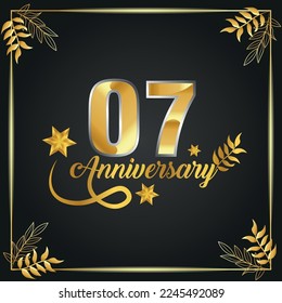 07 years old luxurious logo. anniversary year of vector gold colored template framed of palms.
