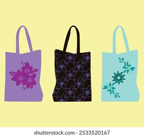 07Compradores creativos con varias impresiones. Margaritas, flores, ramitas y corazón. Bolsa de algodón, consumo ecológico. Diseño plano, hojas dibujadas a mano, Vector