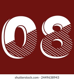 08 Classic Vintage Sport Jersey Uniform numbers in black with a black outside contour line number on white background for American football, Baseball and Basketball or soccer for shirt