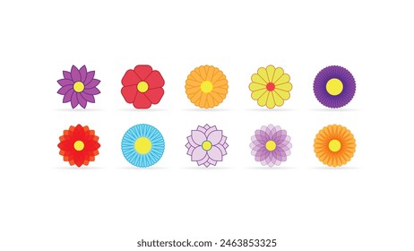 08. lindo conjunto de iconos hermosa flor con amarillo, púrpura rojo naranja color azul aislado en el traje de fondo blanco para el logotipo o libro de colorear