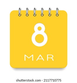 08 day of the month. 8 March. Cute yellow calendar daily icon. Date day week Sunday, Monday, Tuesday, Wednesday, Thursday, Friday, Saturday. Cut paper. White background. Vector illustration.