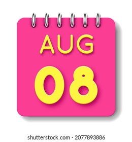 08 day of the month. 08 August. Cute calendar daily icon. Date day week Sunday, Monday, Tuesday, Wednesday, Thursday, Friday, Saturday.