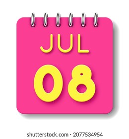 08 day of the month. 08 Jule. Cute calendar daily icon. Date day week Sunday, Monday, Tuesday, Wednesday, Thursday, Friday, Saturday.