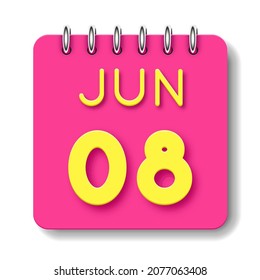 08 día del mes. 8 de junio. Icono de calendario diario. Fecha día semana domingo, lunes, martes, miércoles, jueves, viernes, sábado.