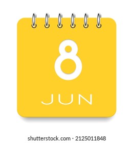 08 Tage des Monats. Juni. Tägliches Icon des hellgelben Kalenders. Tag Woche Sonntag, Montag, Dienstag, Mittwoch, Donnerstag, Freitag, Samstag. Papier schneiden. Weißer Hintergrund. Vektorgrafik.