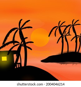 08 de julio de 2021 Diseño de vectores, Sunset en la playa con cocoteros