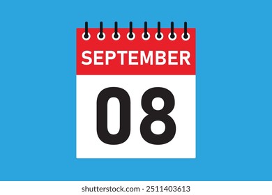 08 september . 8th september  professional modern exclusive daily calendar design. Meeting schedule flat icon icon design. White and red color paper. White,black color text. Vector illustration eps 10