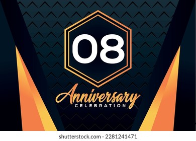 08 year anniversary celebration logo design with elegance double orange line on luxury background