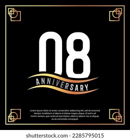 08 year anniversary logo design white golden abstract on black background with golden frame template illustration