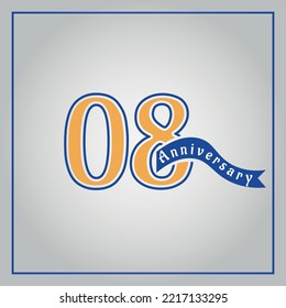 08 Years Anniversary celebration logotype colored with yellow and blue, using blue ribbon and isolated on gray background.