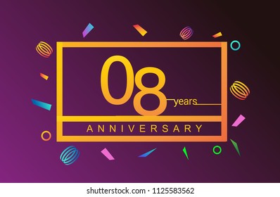 08 years anniversary celebration white square style isolated with colorful confetti background, design for anniversary celebration.
