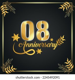 08 years old luxurious logo. anniversary year of vector gold colored template framed of palms.

