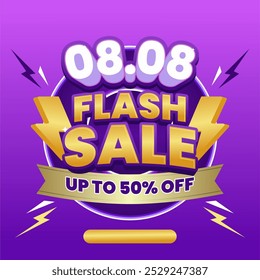 08.08 Flash Sale banner featuring vibrant lightning icons and bold typography on a purple background, offering discount. Perfect for promoting limited-time deals!