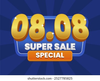 08.08 Super Sale Special banner with bold golden 3D text on a radiant blue background. Featuring eye-catching typography and vibrant colors for an exclusive promotion.