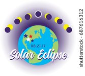 08.21.17 Solar Eclipse showing the earth, the phases of the moon crossing the sun to totality and the path of totality across the United States. Corona of the sun visible at totality. Vector.