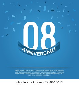 08th anniversary celebration vector design with white color numbers and  white color font on  blue color background abstract 
