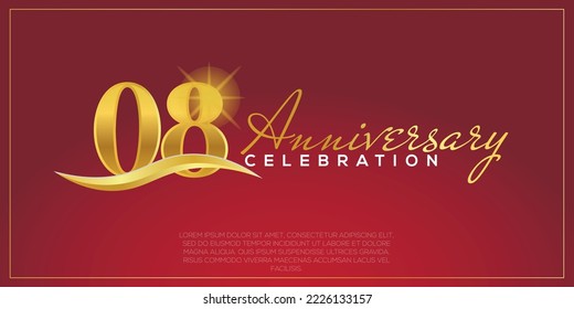  08th anniversary logo with confetti golden colored text isolated on red background, vector design for greeting card and invitation card