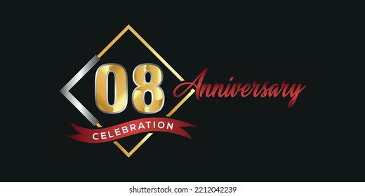 08th anniversary logo with golden and silver box, confetti and red ribbon isolated on elegant black background, vector design for greeting card and invitation card
