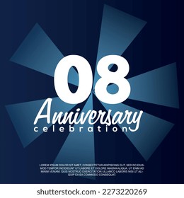 08th year anniversary celebration vector template design illustration with white text elegant blue shiny background.	